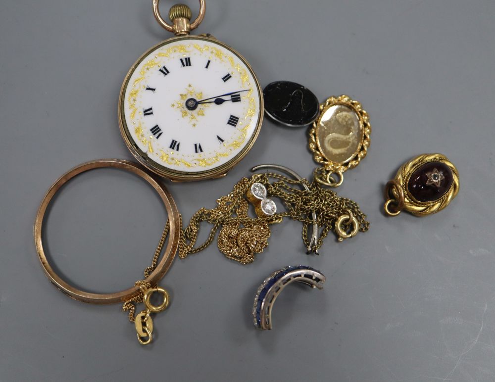 Mixed jewellery including an Italian 750 and two stone diamond pendant necklace, a 9ct fob watch(a.f.) etc.